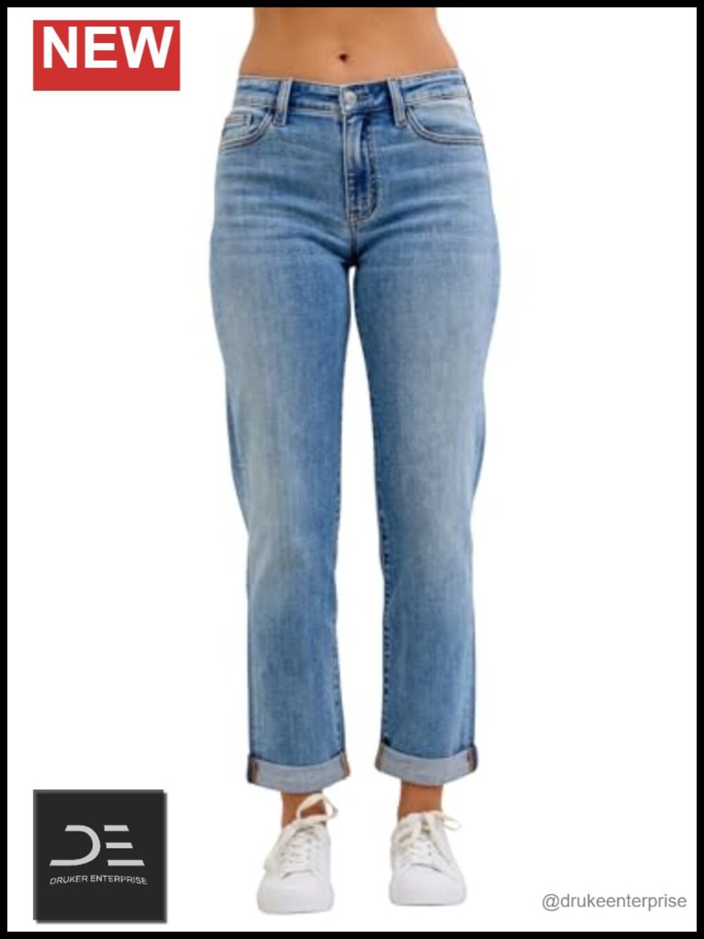 Classic Mid Rise Light Wash Cuffed Boyfriend Jeans Stretch Denim